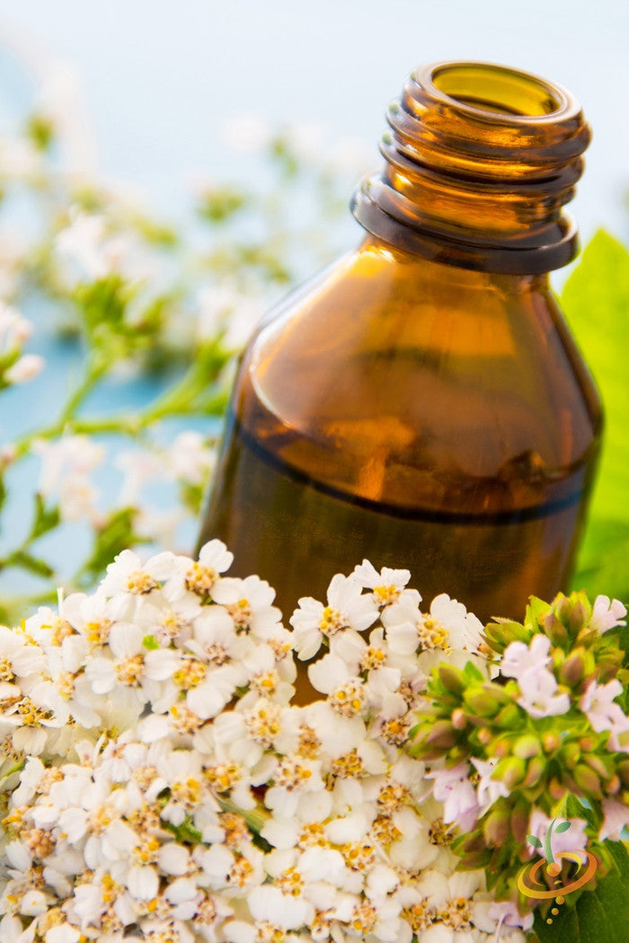 Amber glass bottle with yarrow white flowers and green foliage in the background