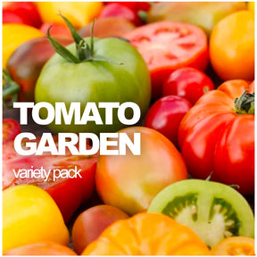 All-in-One Tomato Garden Variety Pack from SeedsNow-SeedBanks showing assorted tomato seed packets and vibrant garden imagery