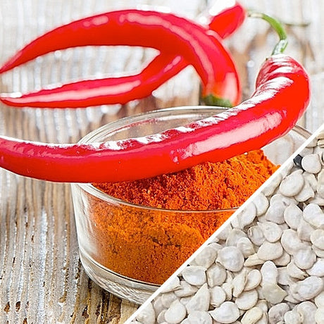 Red cayenne hot pepper seeds from SeedsNow, small seeds with vibrant red color, ideal for spicy gardening and cooking.