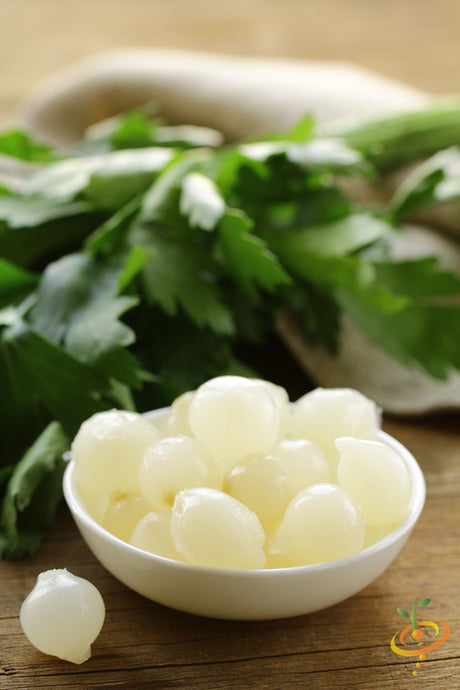 Pearly White onion seeds from Barletta variety, shown in a seed packet with seeds spilling out, on a neutral background.
